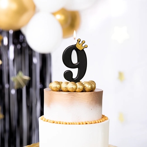 Świeczka urodzinowa tort czarna korona cyfra 9